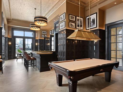 Entertainment lounge with bar and billiards table.