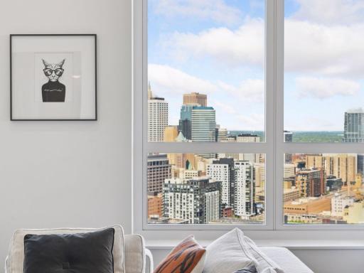 Expansive views of downtown Minneapolis from the living space.