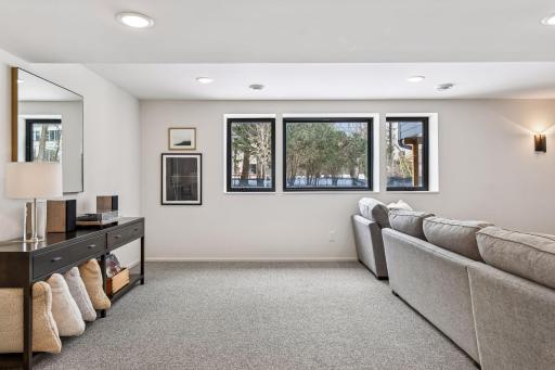 Lower-level family room eliminates typical basement feel with abundant natural light and serene wooded views.