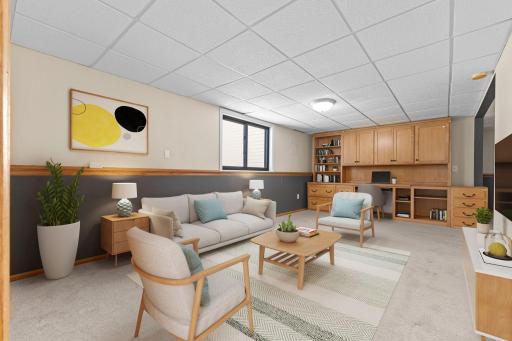 Virtually staged Family Room with Built ins