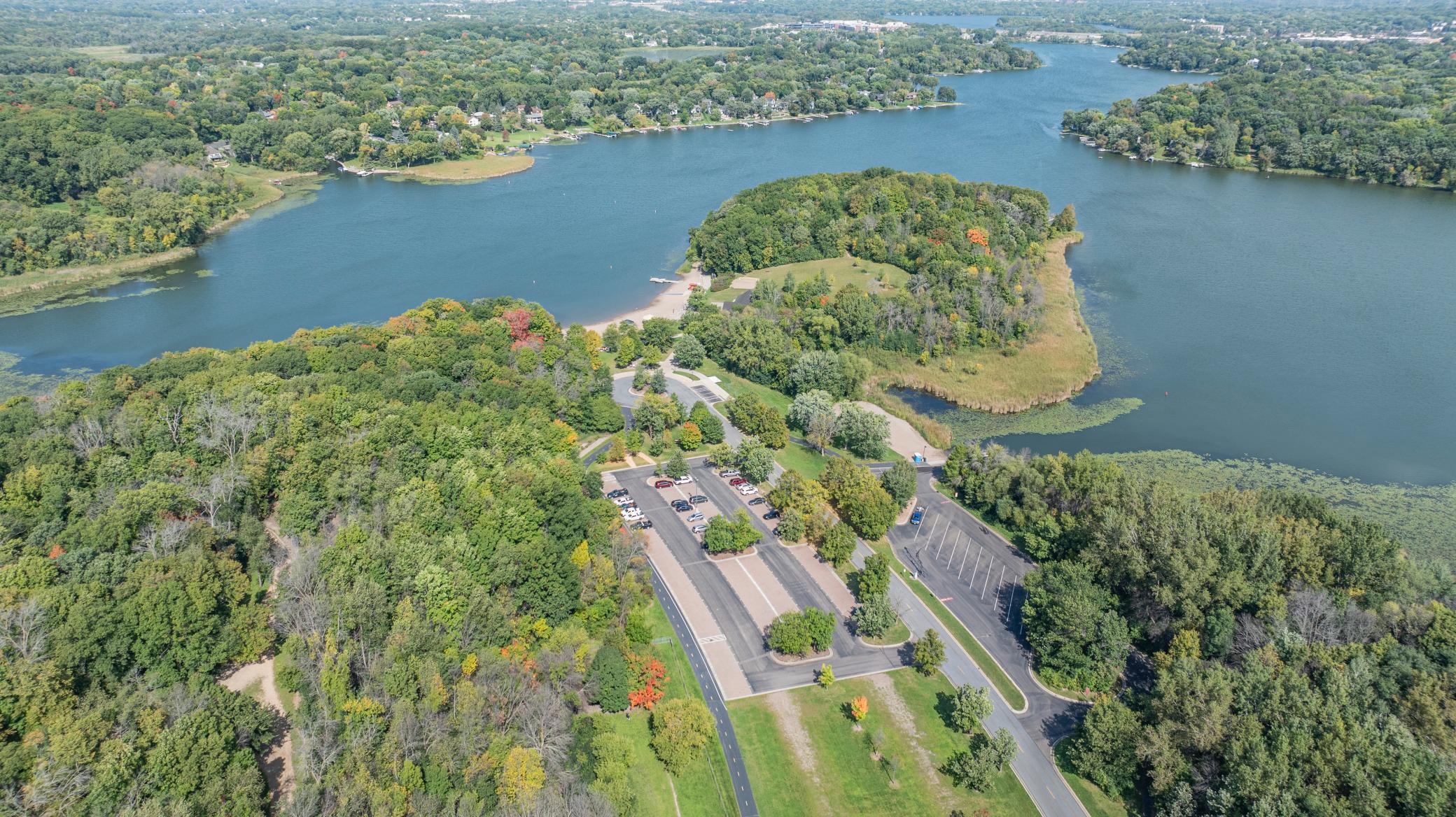 Fish Lake park and show the public boat access and the sand beach