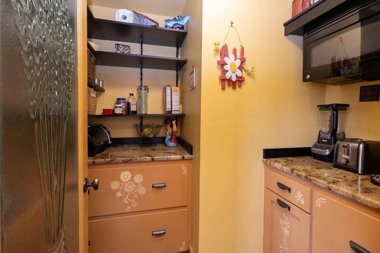 Walk-in kitchen pantry with build in drawers, shelving, microwave, extra counter space and recycling.