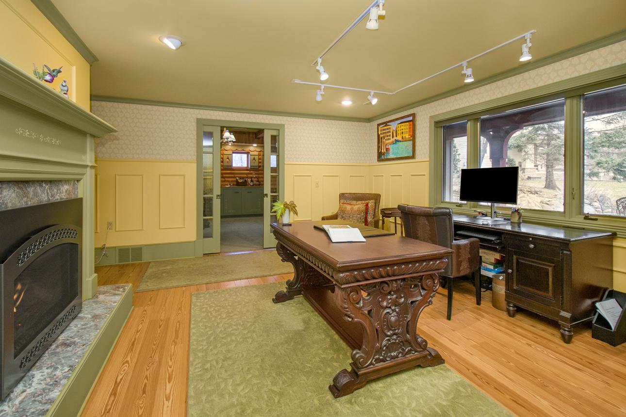 Office with gas burning fire place