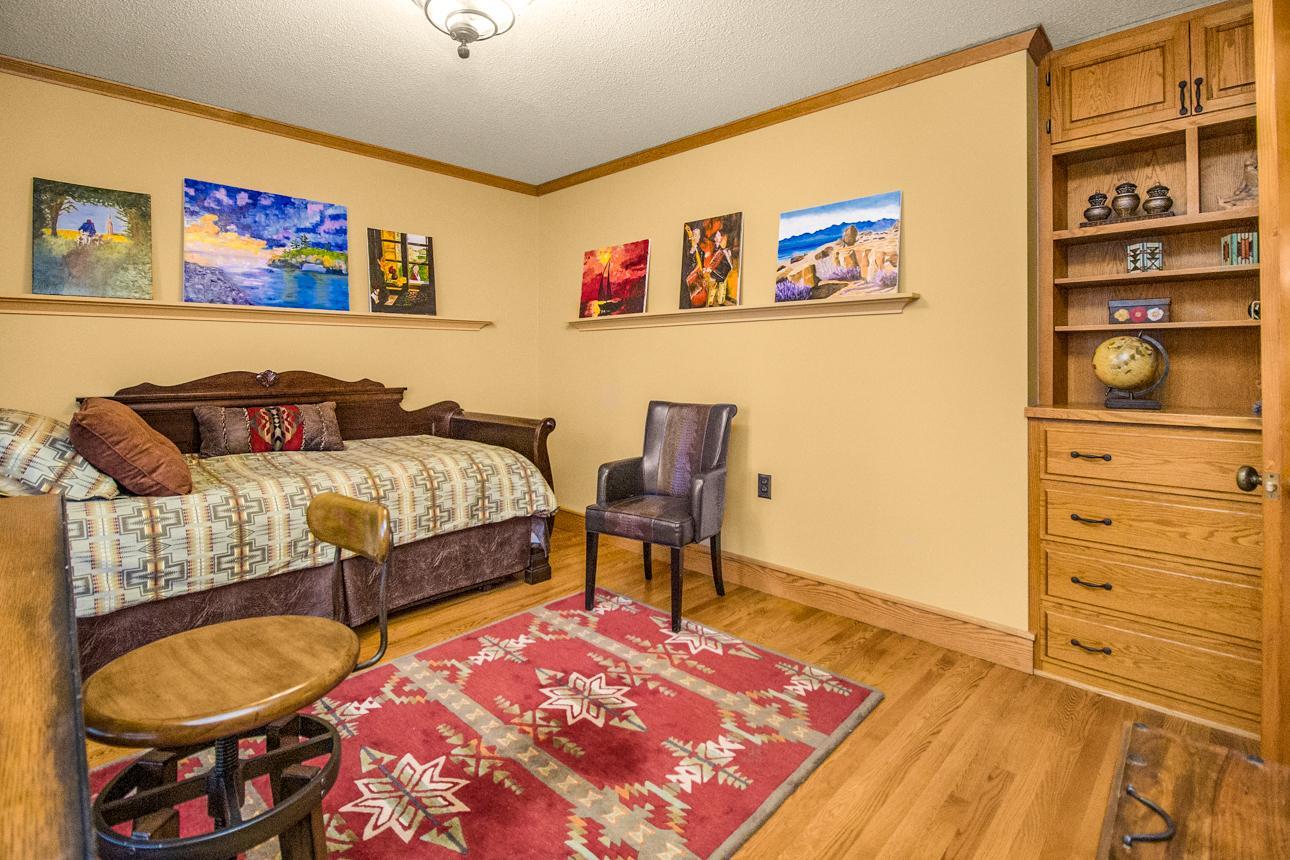 Harwood floors and built in drawers/shelving.