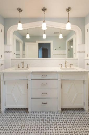 Custom designed, new primary bath with dual sinks