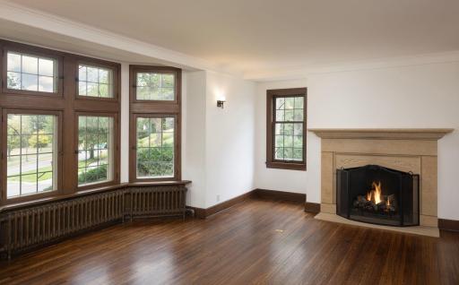 Living room bay and fireplace