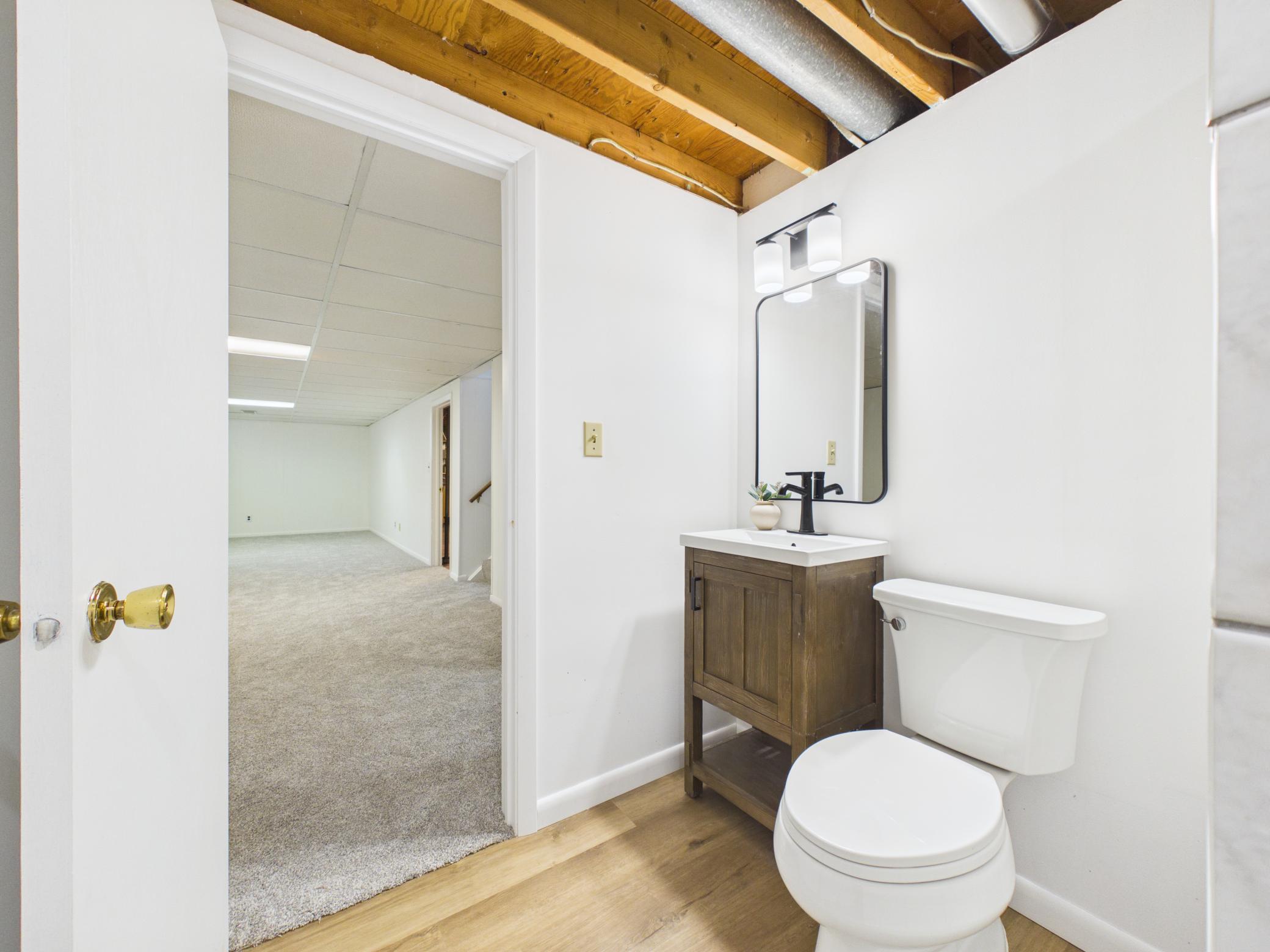 Lower level 3/4 bath features a new sink and vanity, mirror, and lighting.