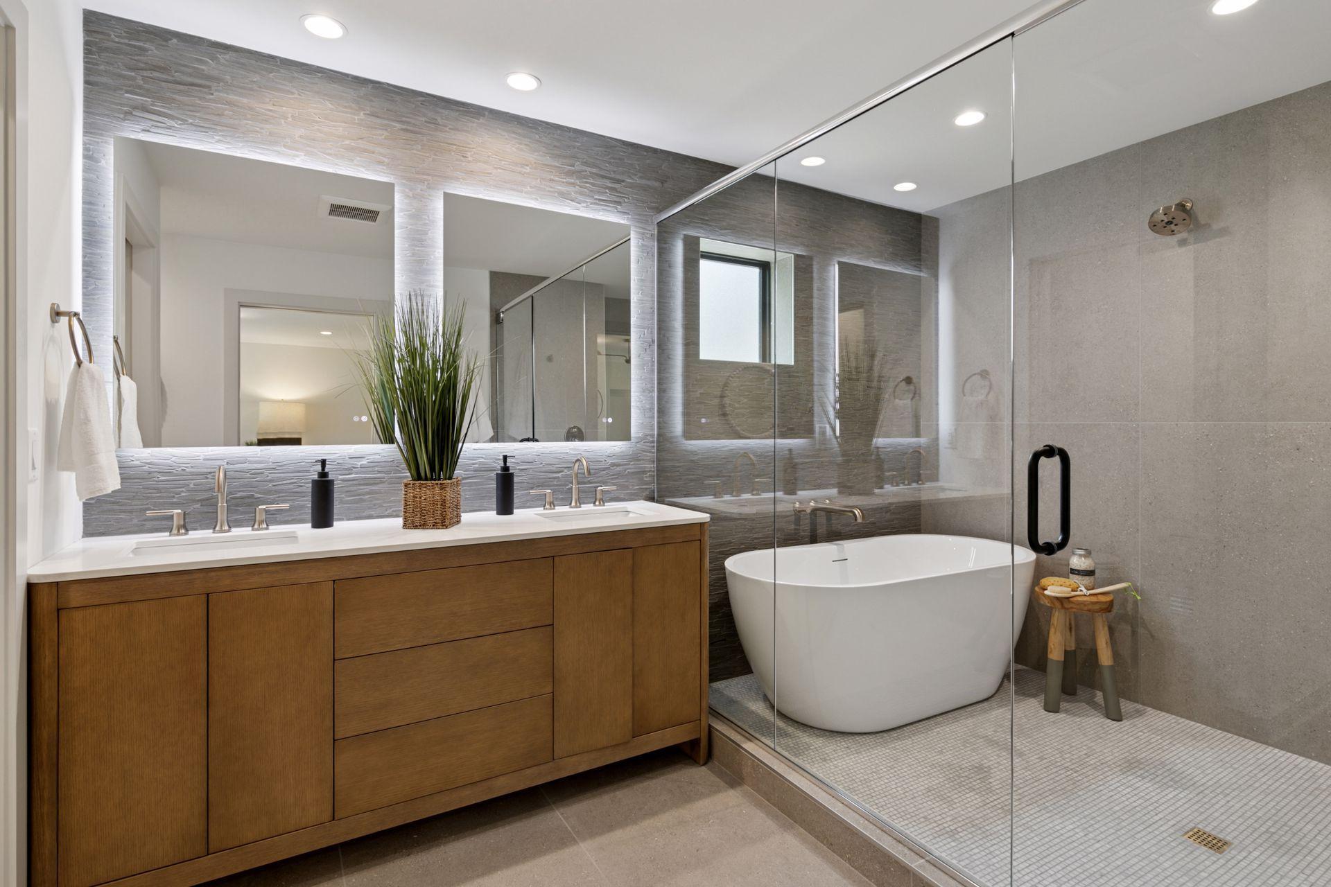 A Spa-Inspired Primary Suite Bath emulates a Spa Experience