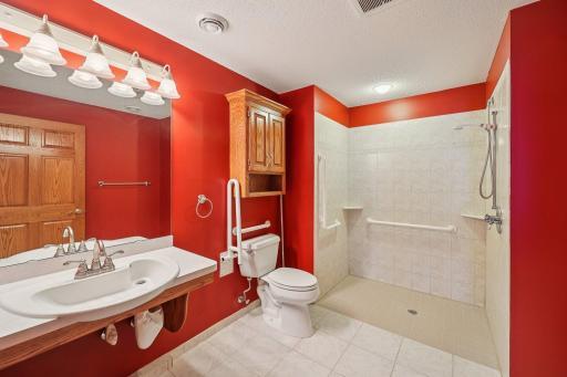 Lower level bath with zero entry shower