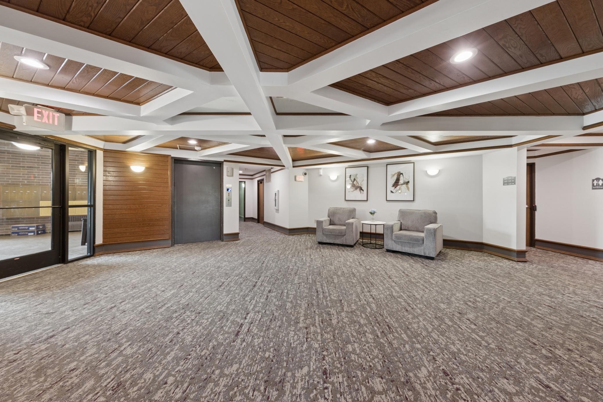 It is fun to welcome guests here. Nice community rooms, library, exercise room, elevators, mail lobby, and more. Great community feel!
