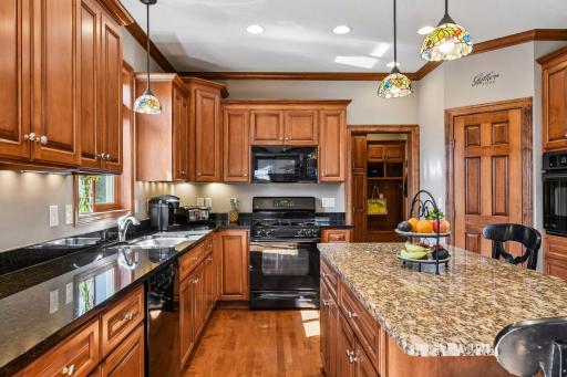 Counters are granite with an undermount stainless sink. There is a range PLUS a wall mounted oven. In case the abundance of cabinetry isn't enough, check out the paneled door that is a PANTRY!