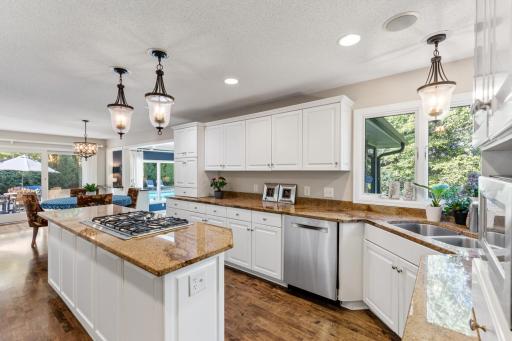 Luxury kitchen highlights: Sub-Zero fridge, granite countertops, and upscale stainless appliances.