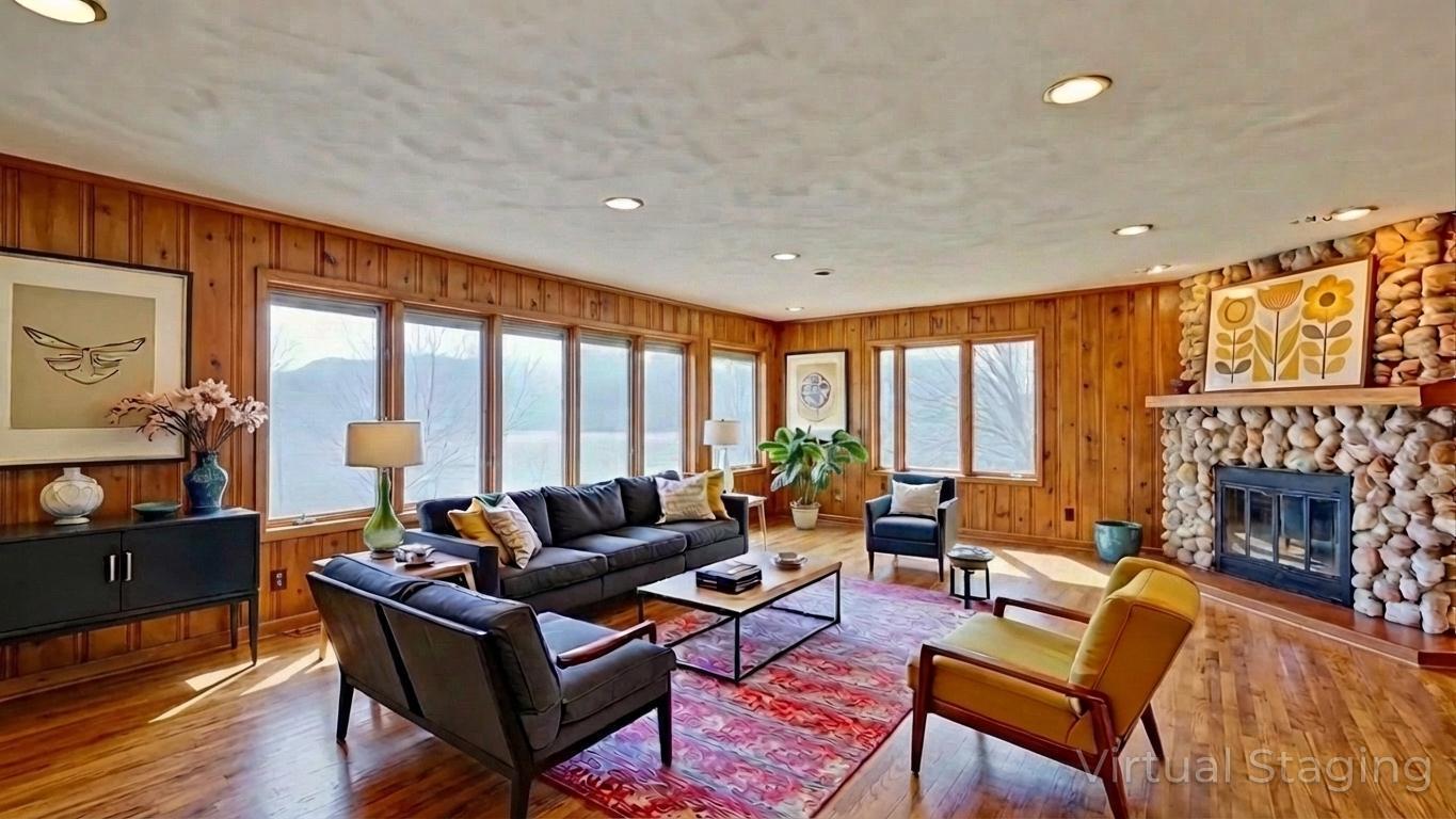 Virtually staged family room.