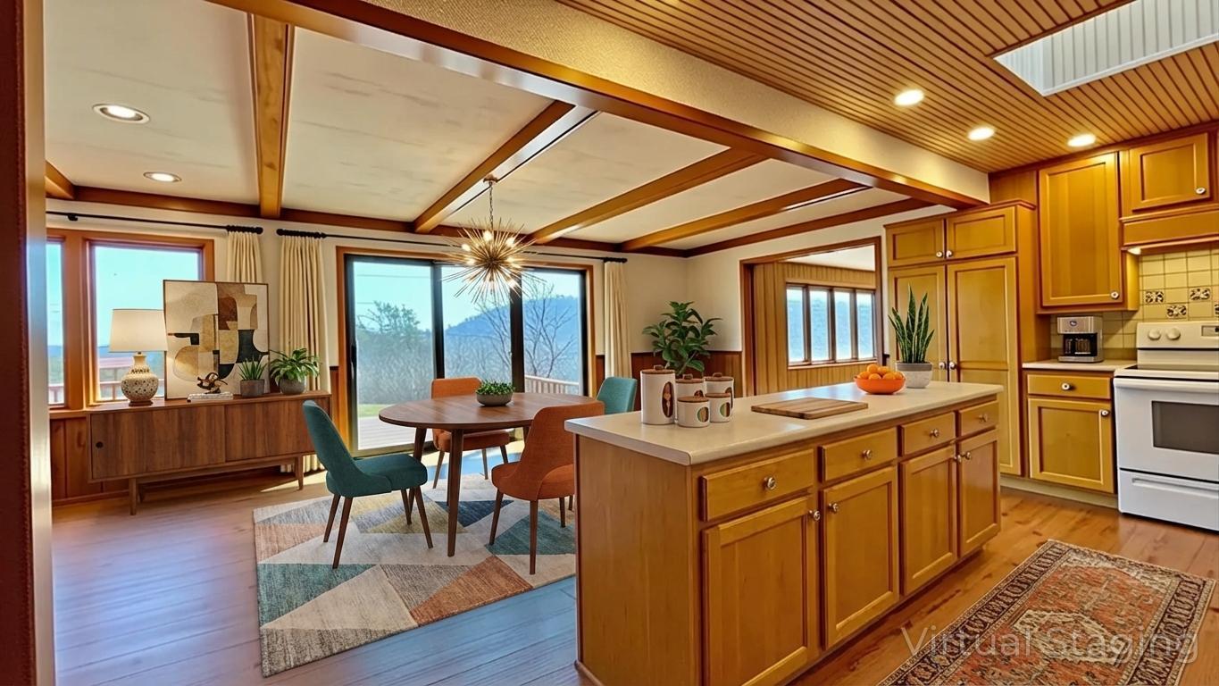 Virtually staged kitchen/dining area.