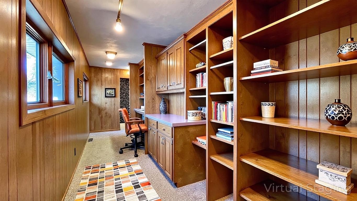 Virtually staged desk and cabinet space in hallway behind family room.