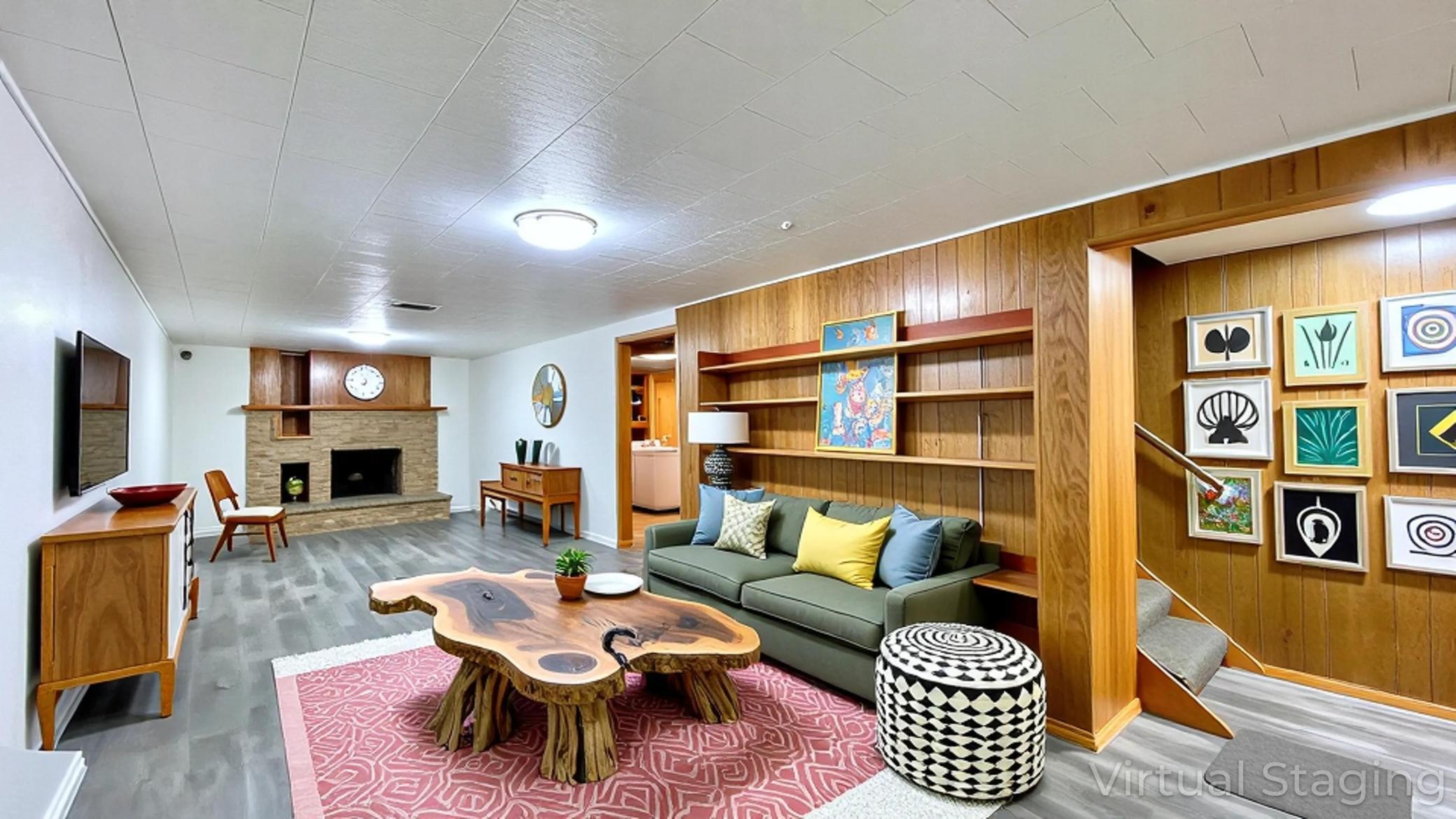 Virtually staged recreation room.