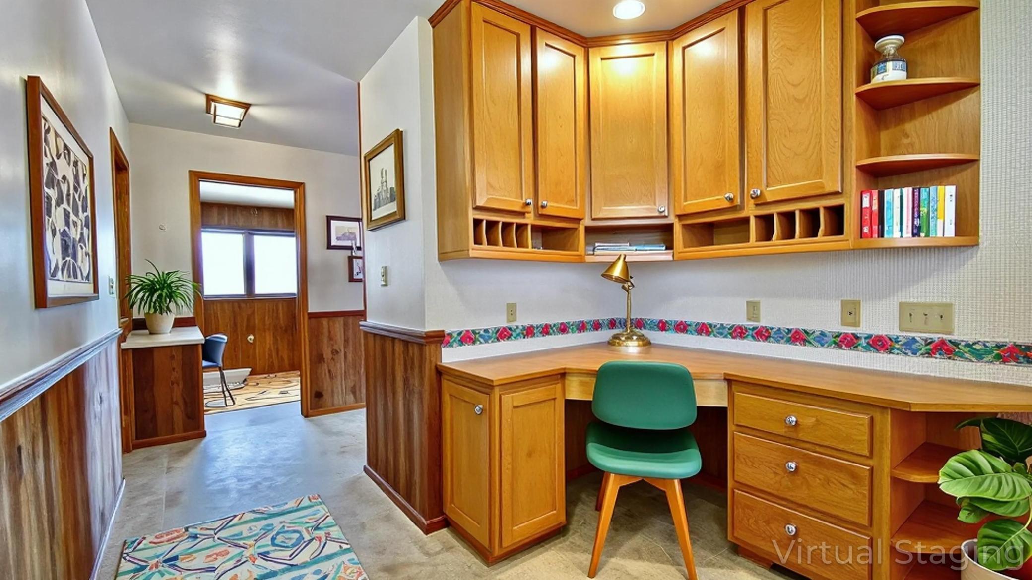 Virtually staged desk area.