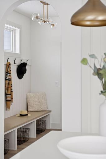 White Oak Boot Bench with Vertical Shiplap in Mudroom