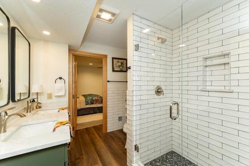 Double vanity sink in lower level bathroom