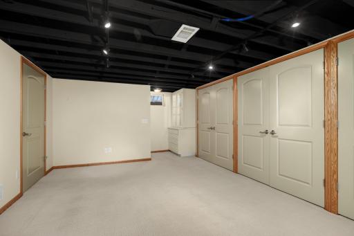 Here's the lower level recreation room. Large double door storage closets.