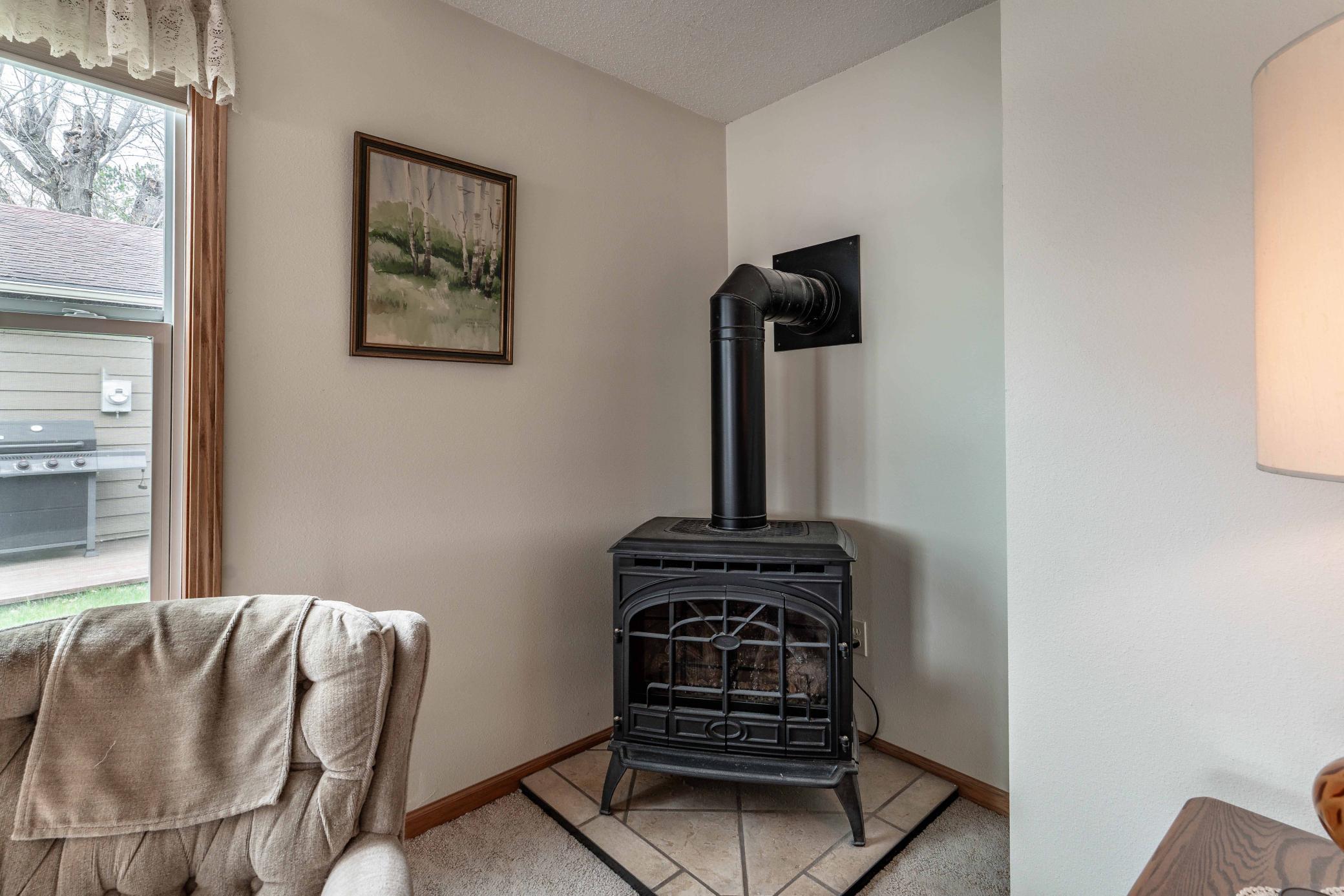 The house has electric baseboard heat and a gas stove for ambiance and a 2nd heat source.