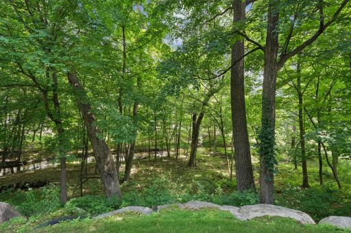 A wooded backdrop, a peaceful creek flowing through the backyard, and a glimpse of the golf course just beyond the trees create a setting thatâs both magical and serene.