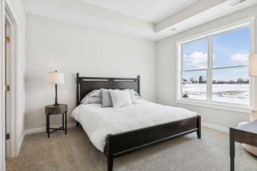 Light and airy primary bedroom with beautiful tray ceiling