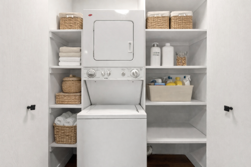 Lots of shelving for all of your cleaning products, linens and more.