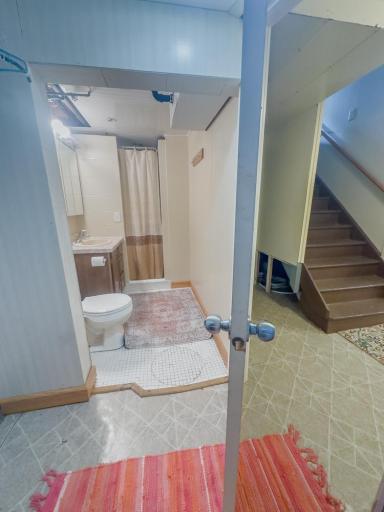View into the lower-level bathroom area with nearby stair access.