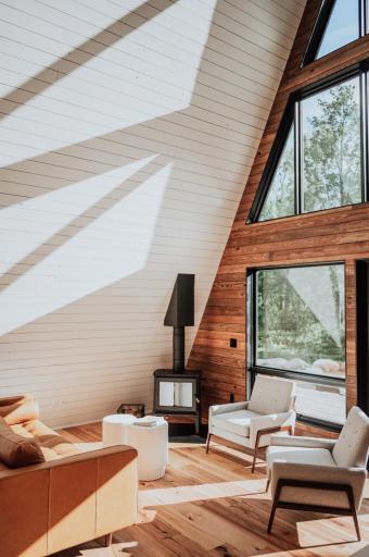 A-frame living room wood stove