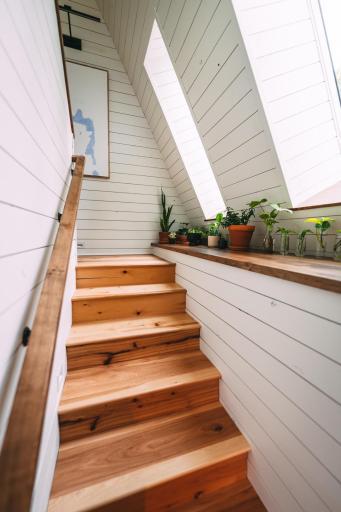 A-frame stairs up to loft