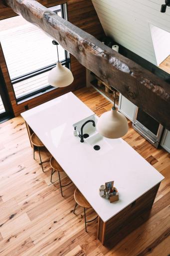 A-frame kitchen view from loft