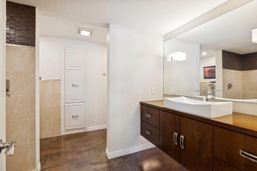 lower level 3/4 bath floating vanity and undercabinet lighting