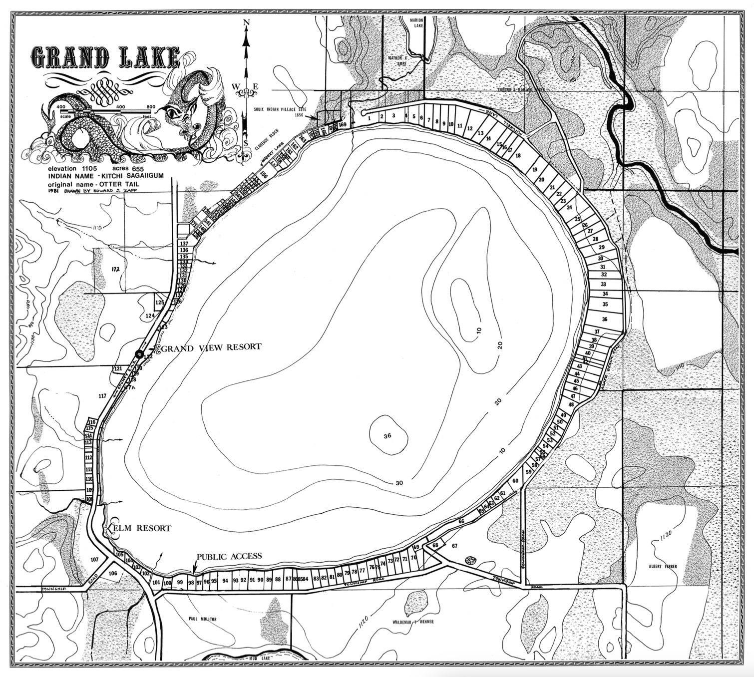 Historical Map Photo of the Lake and elevations.