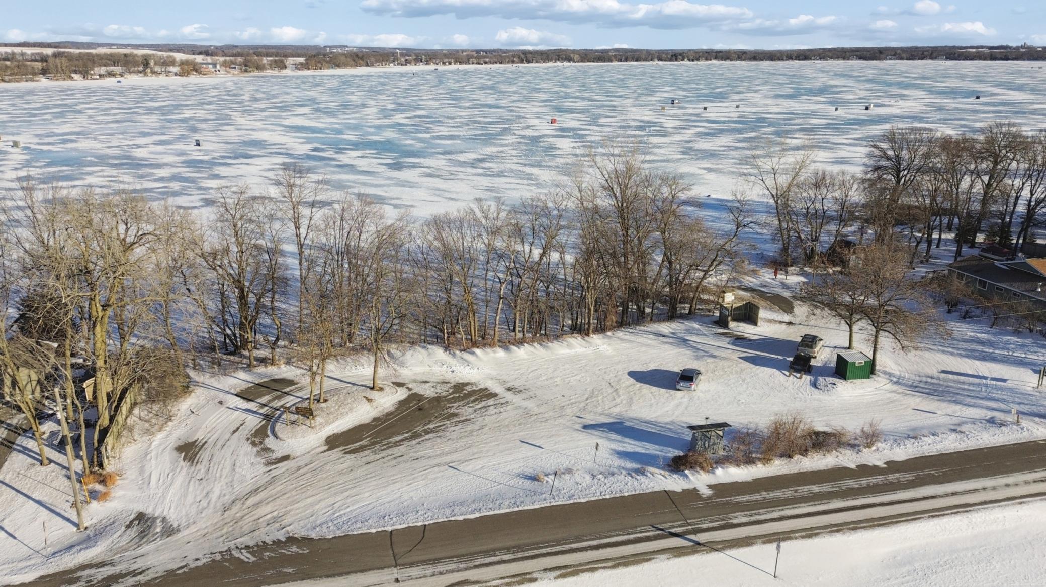Aerial view of the public boat landing down the road from the property.