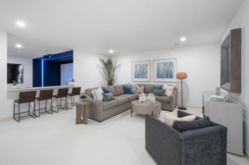 Lower level family room and golf simulator and quartz countertop overlooking golf simulator