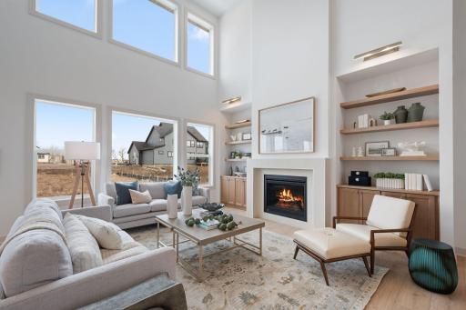 2 story vaulted great room with gas fireplace and built-ins