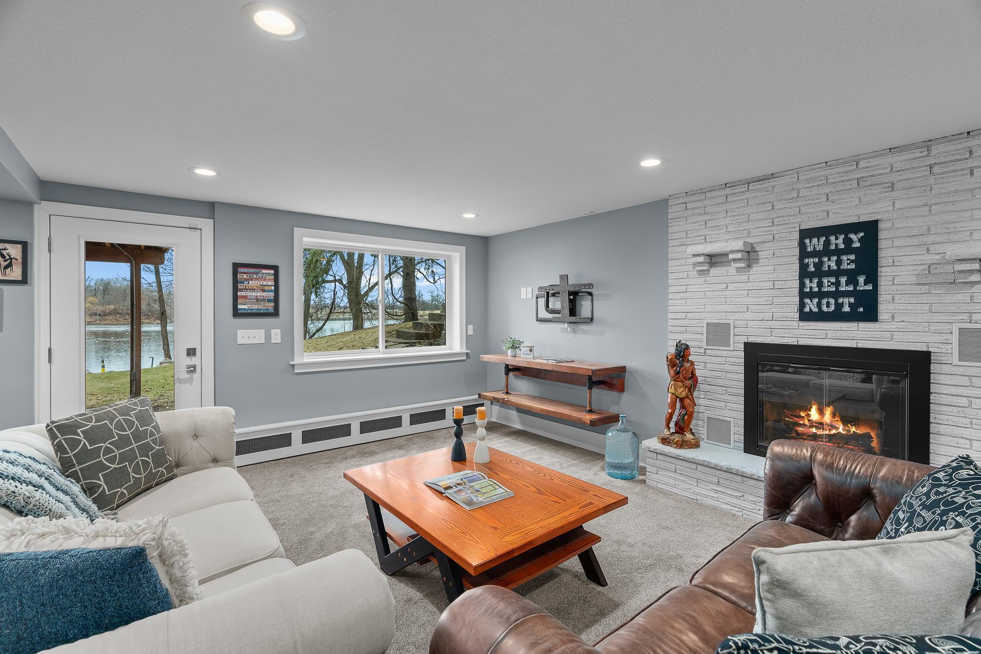 Wood-burning fireplace.