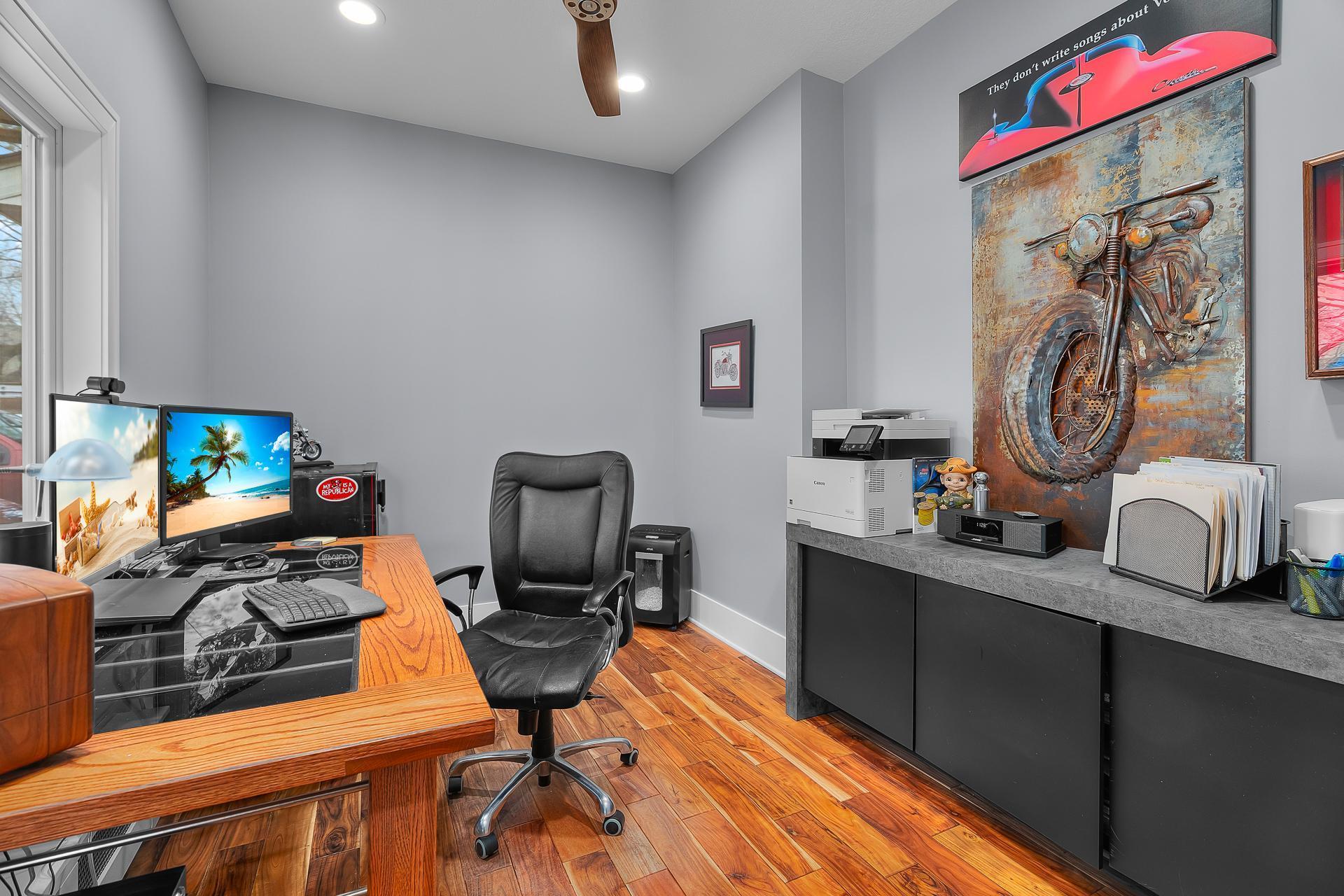 The 9x11.5 Office is just off the Foyer. Window overlooks the front entry & porch.