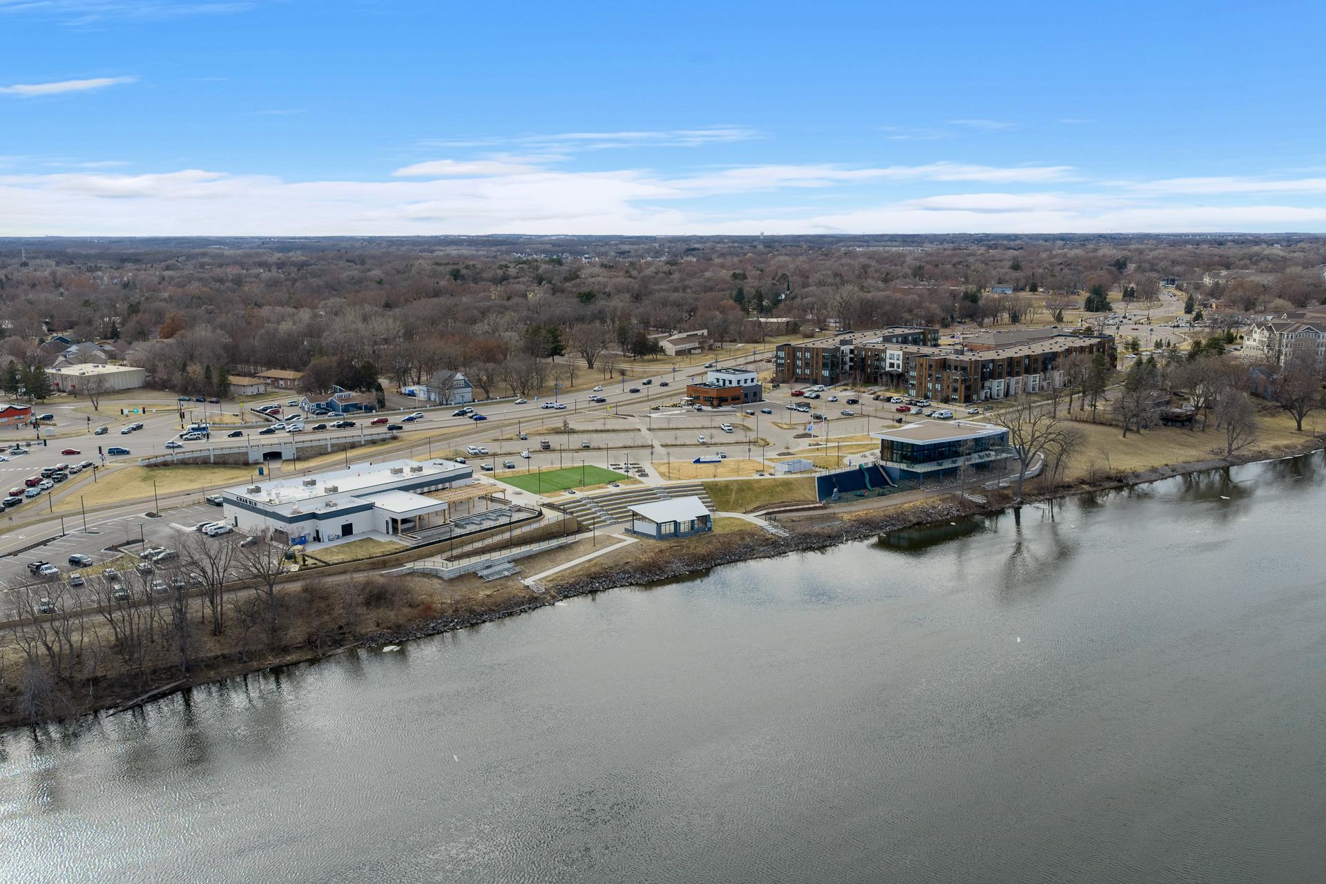 New Char Blu Steak House and Anoka bandshell across the river.