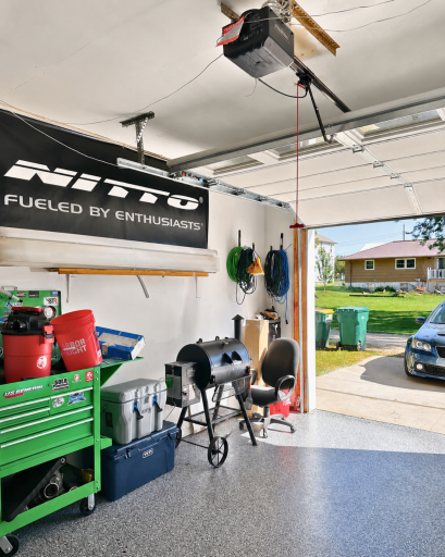 A clean, finished garage provides flexible space for parking, projects, hobbies and additional storage.