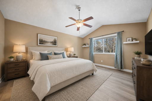 Virtually staged, primary features vaulted ceilings, new flooring, ensuite bath and large walk-in closet