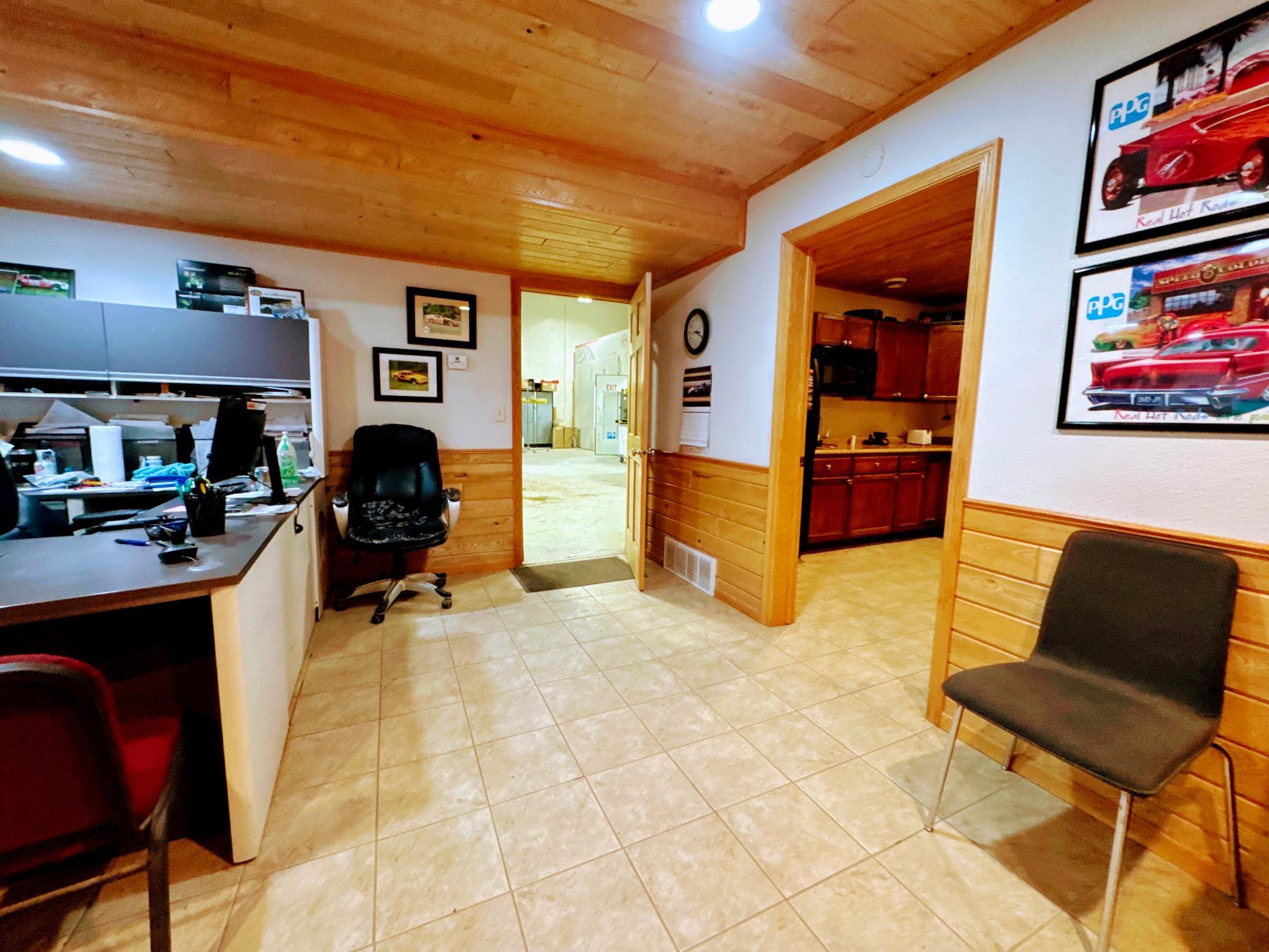 Office looking to shop and break room.