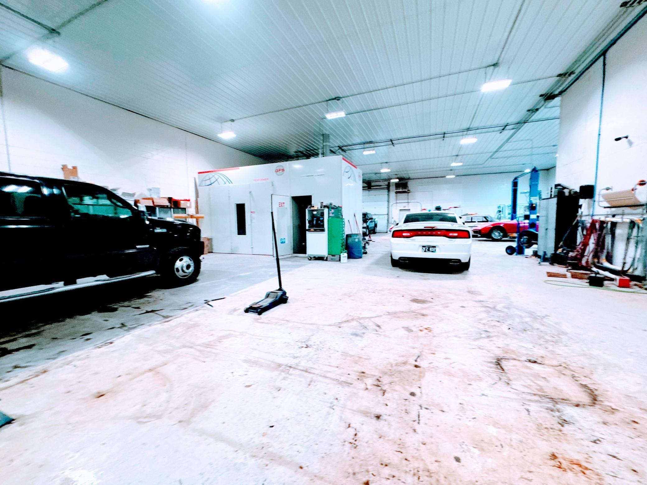 Looking to the paint booth.
