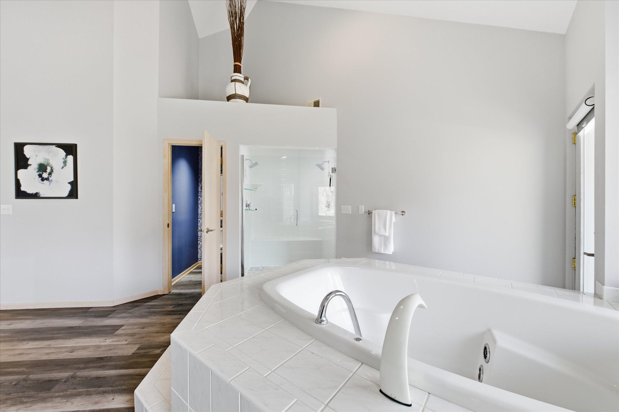 Alternate view of the primary bath showcasing soaking tub and walk-in shower.