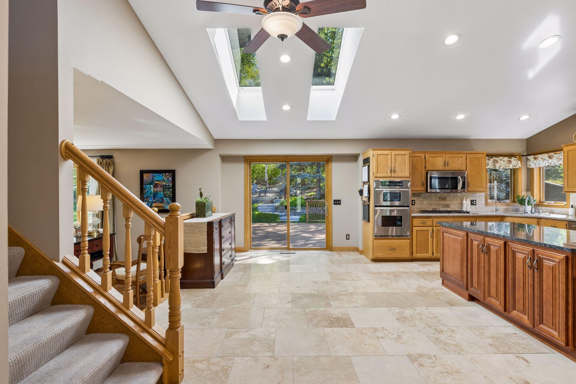 Skylights fill the kitchen with natural light