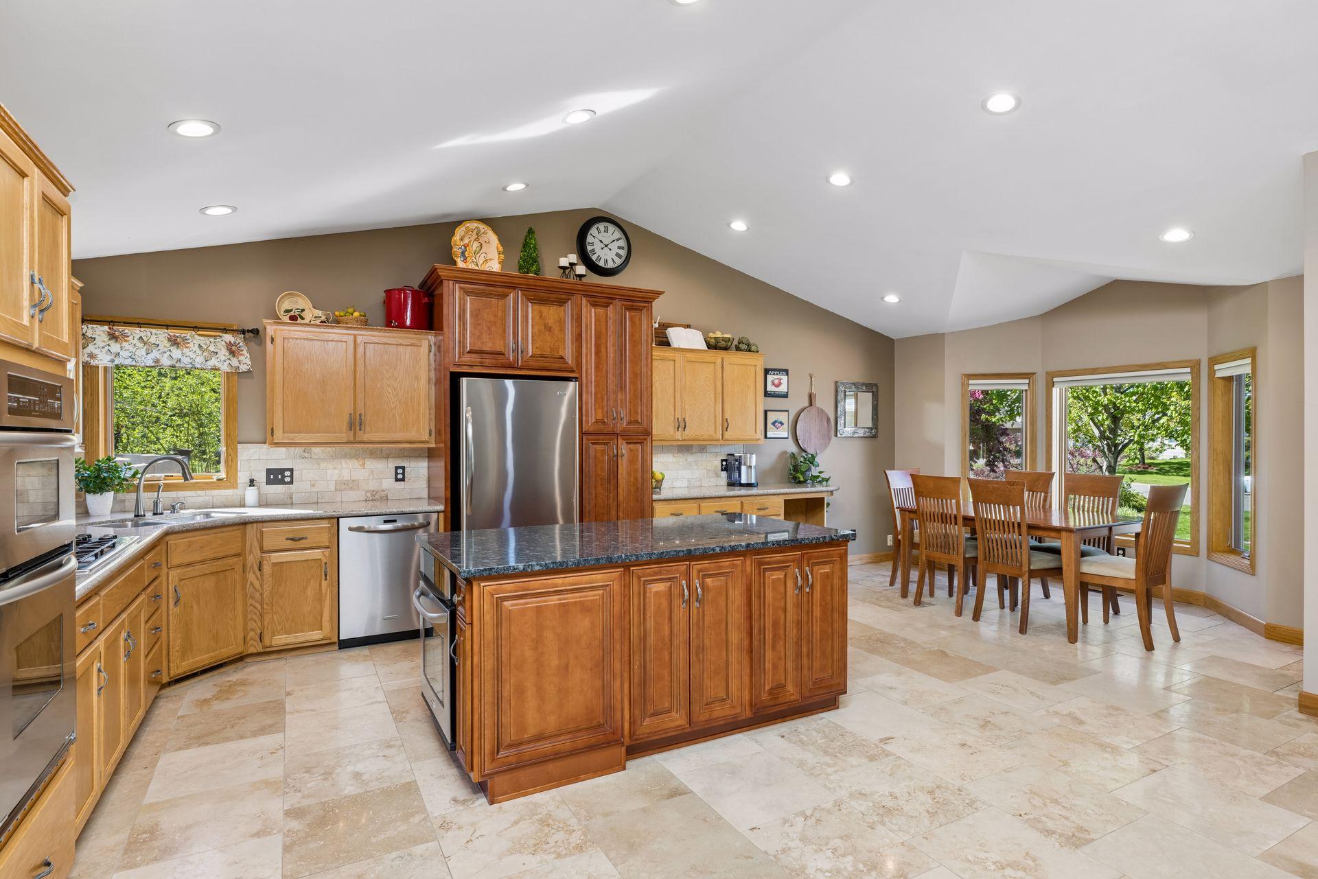 Vaulted ceilings and windows bring in natural light