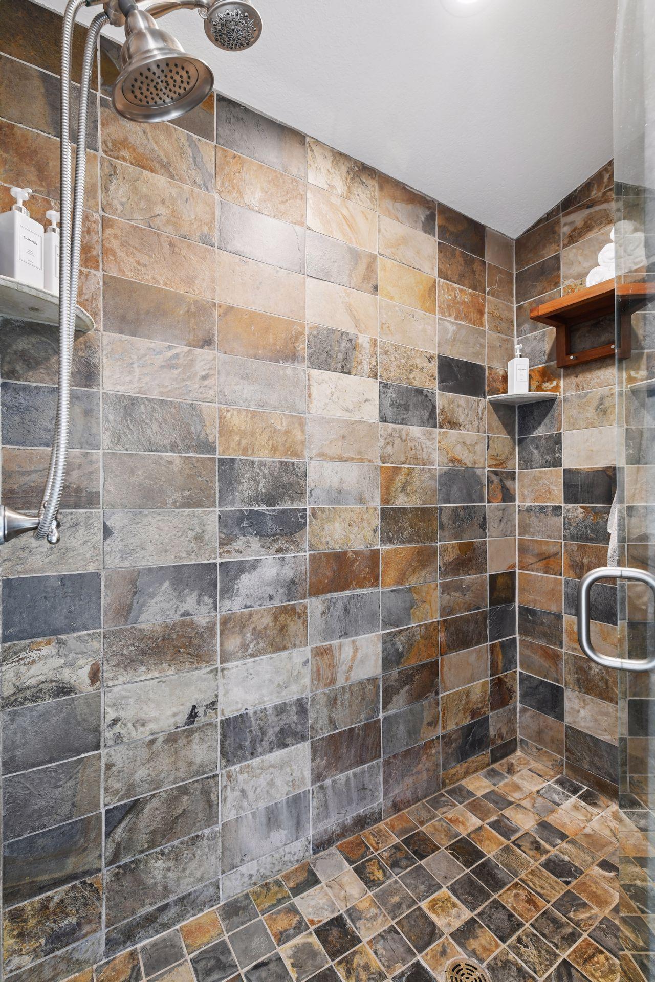 Spacious walk-in shower in the primary bathroom