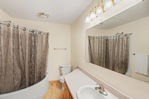 The lower level bathroom features: a jetted, corner tub; oversized vanity; storage cabinet; and an exhaust fan/light.