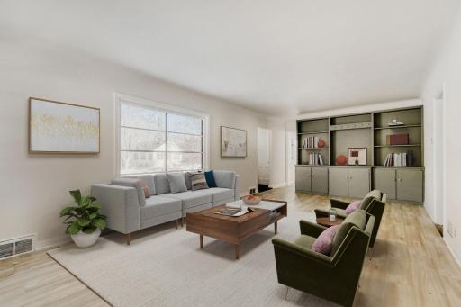Large living room with built in book cases